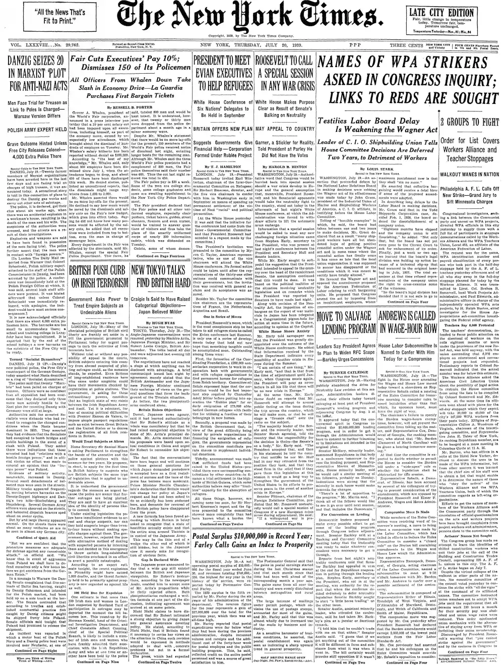 Thursday, July 20, 1939 – The New York Times Front Page