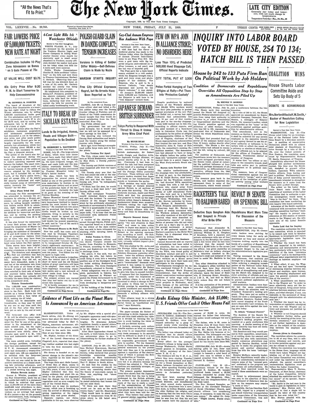 Friday, July 21, 1939 – The New York Times Front Page
