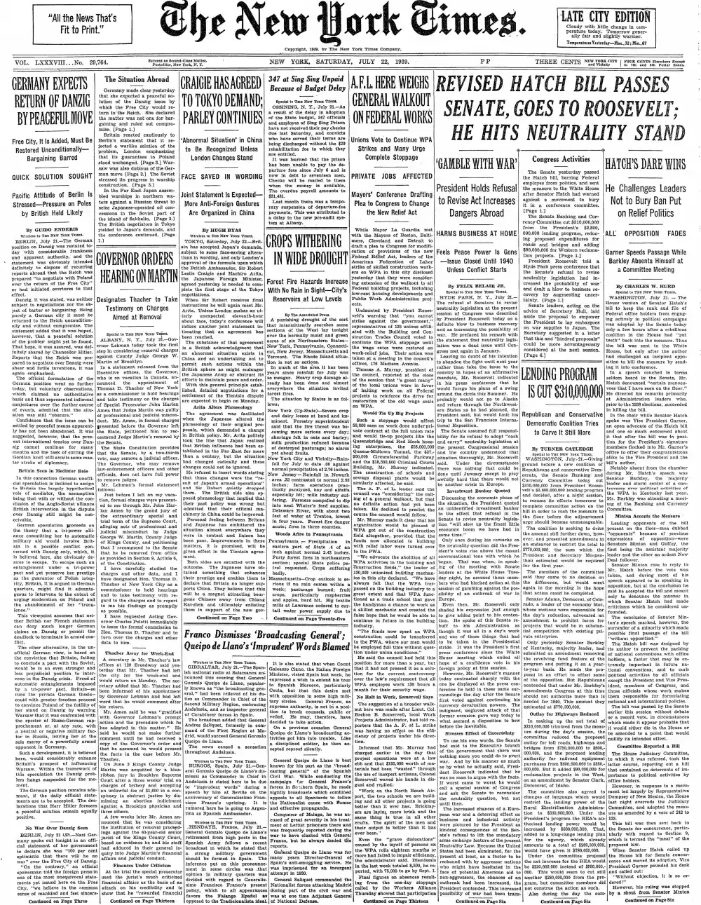 Saturday, July 22, 1939 – The New York Times Front Page
