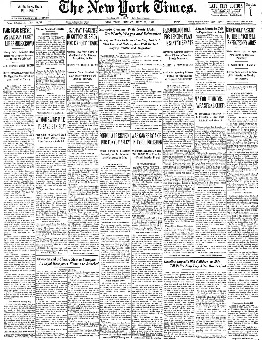Sunday, July 23, 1939 – The New York Times Front Page