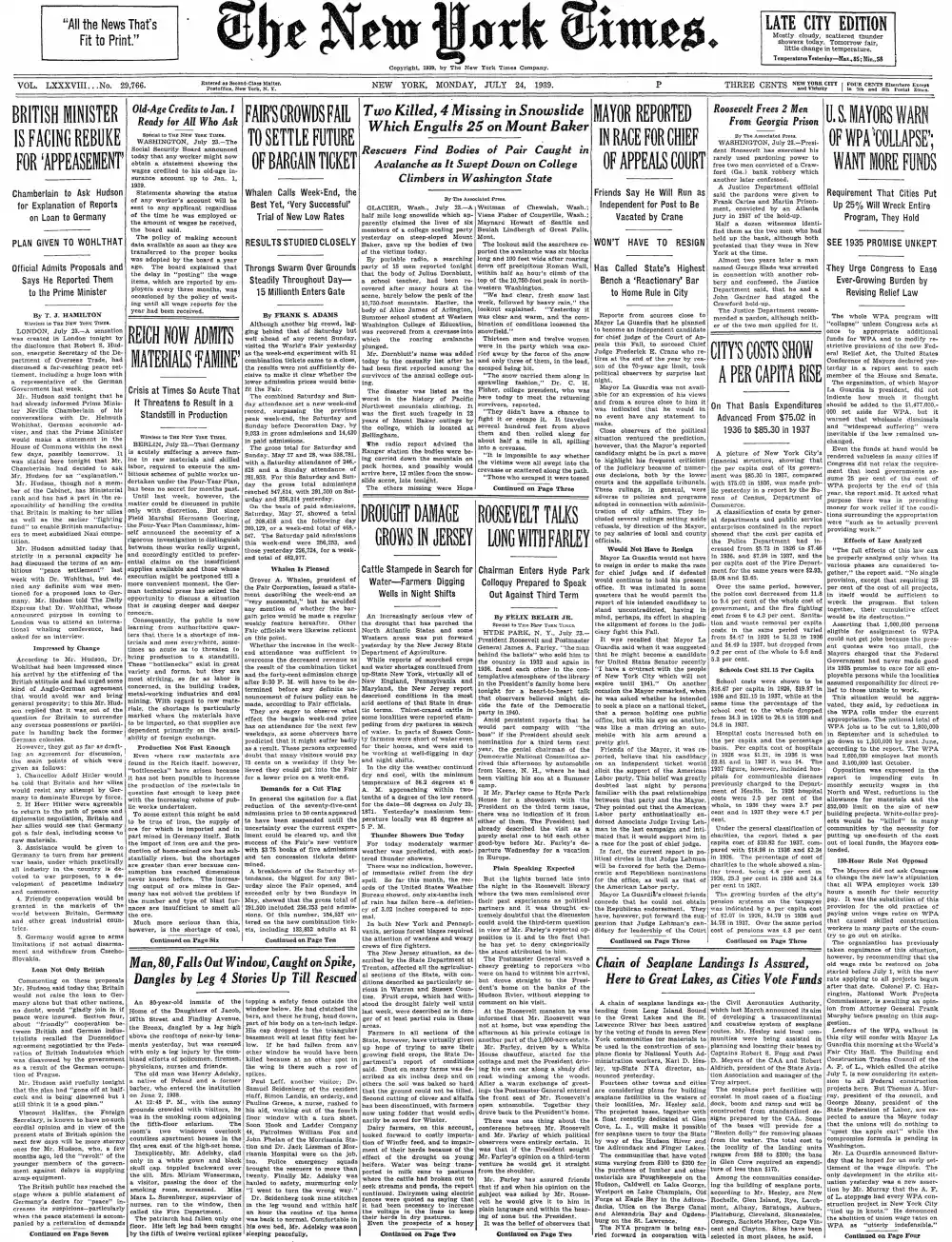 Monday, July 24, 1939 – The New York Times Front Page