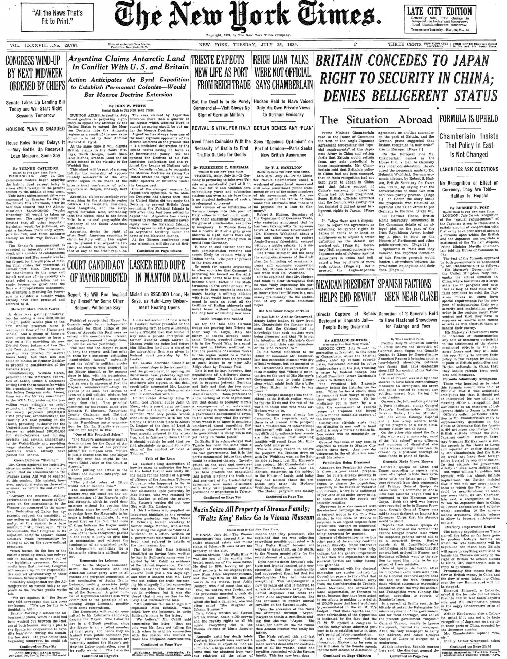 Tuesday, July 25, 1939 – The New York Times Front Page