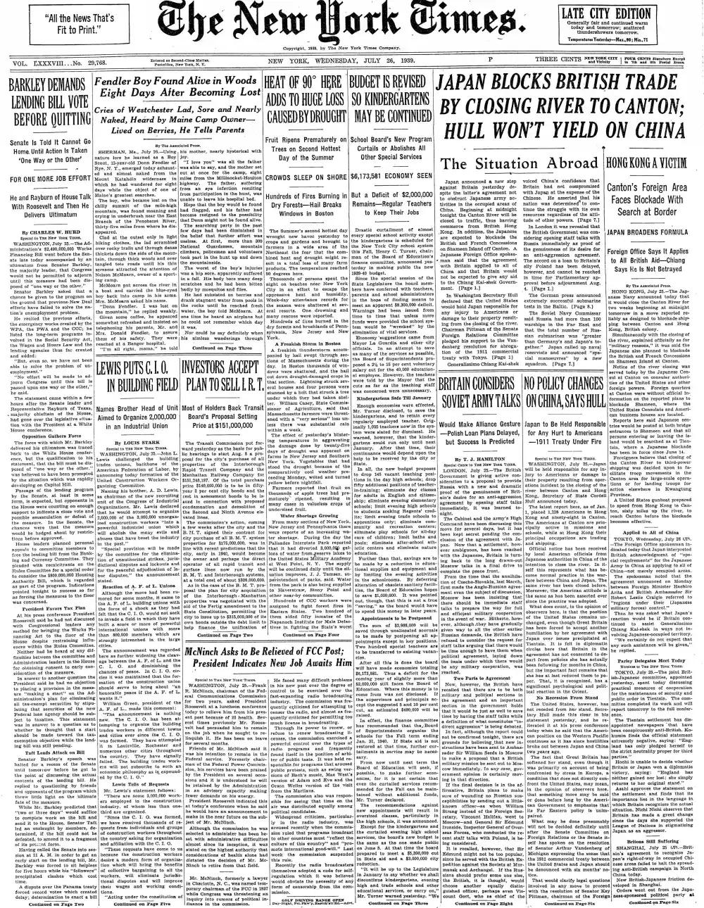 Wednesday, July 26, 1939 – The New York Times Front Page