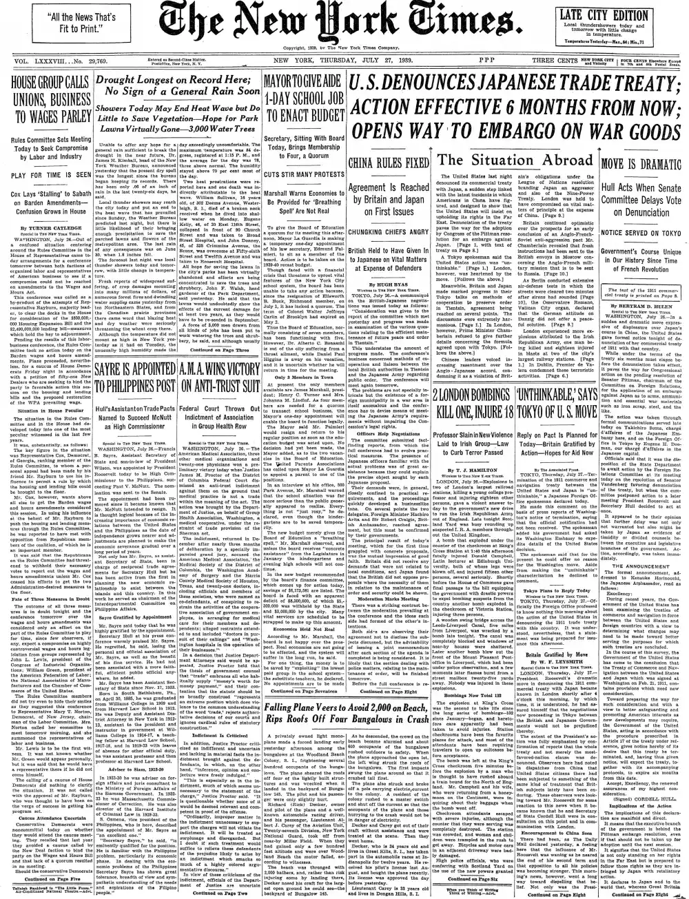 Thursday, July 27, 1939 – The New York Times Front Page