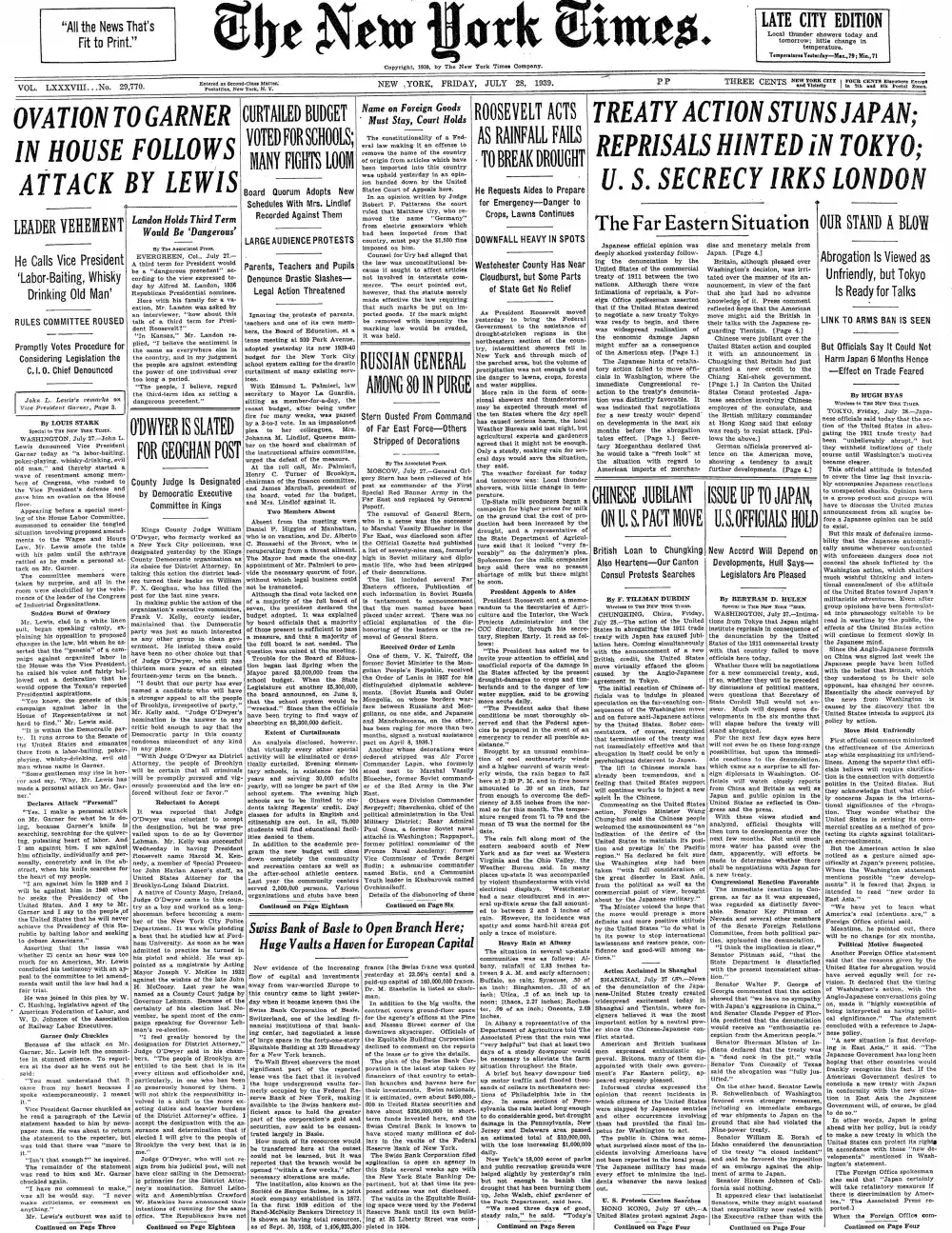 Friday, July 28, 1939 – The New York Times Front Page