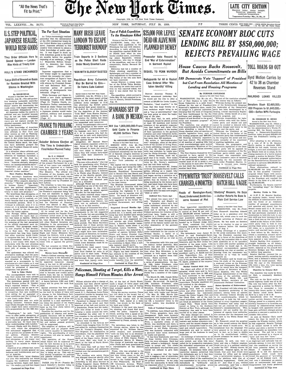 Saturday, July 29, 1939 – The New York Times Front Page