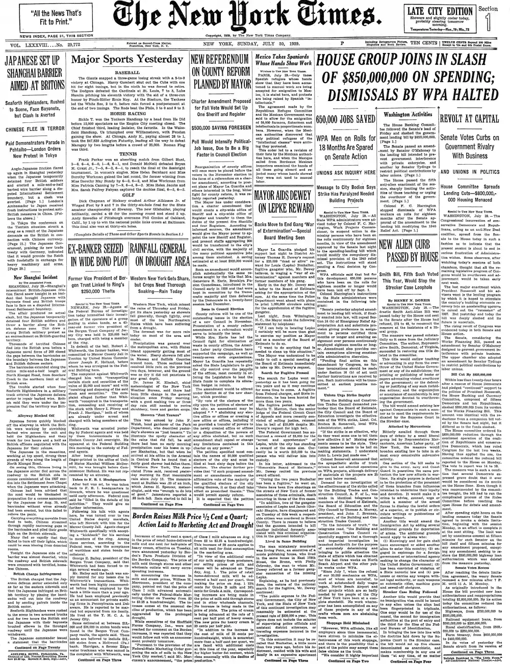 Sunday, July 30, 1939 – The New York Times Front Page