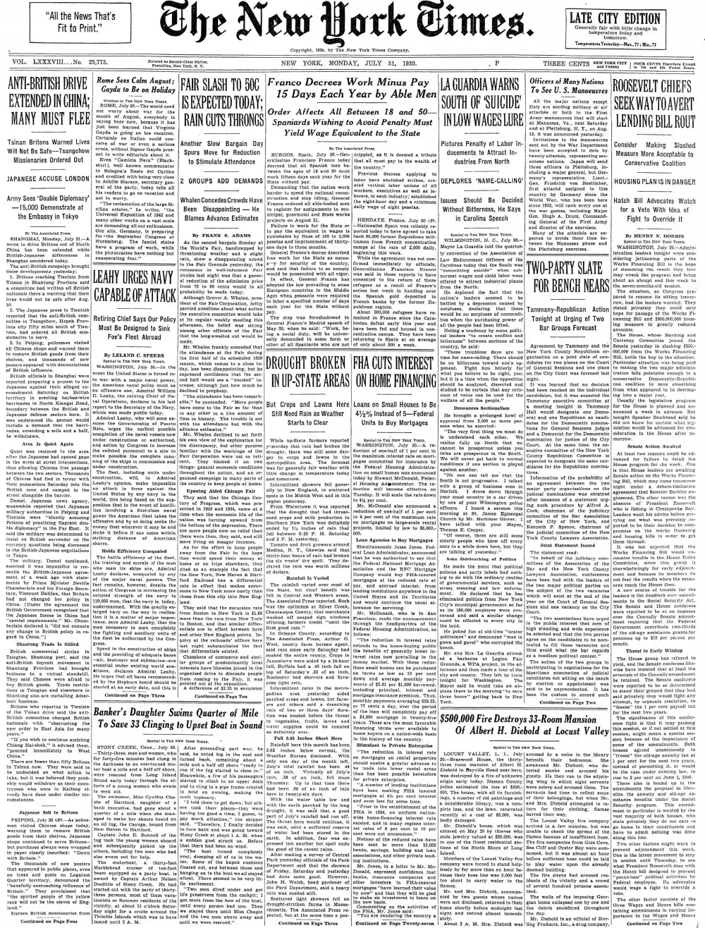 Monday, July 31, 1939 – The New York Times Front Page