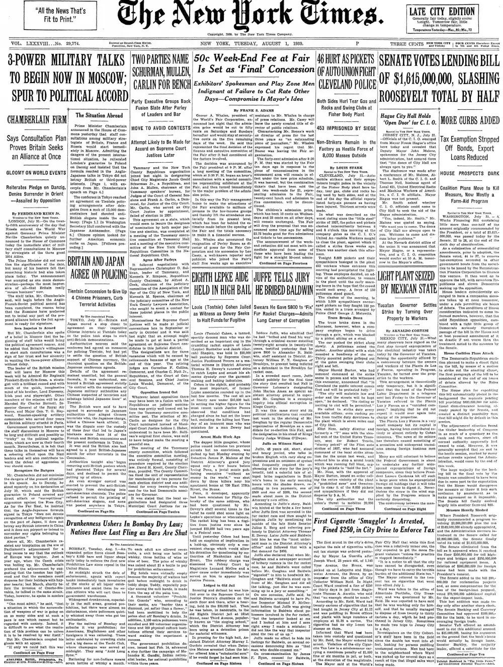 Tuesday, August 1, 1939 – The New York Times Front Page