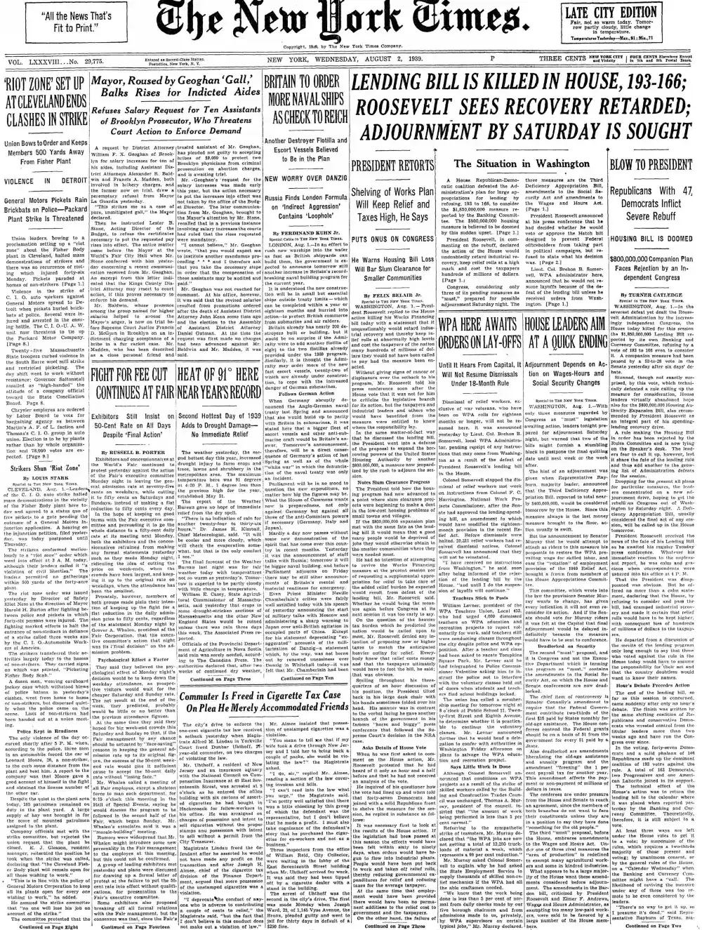 Wednesday, August 2, 1939 – The New York Times Front Page