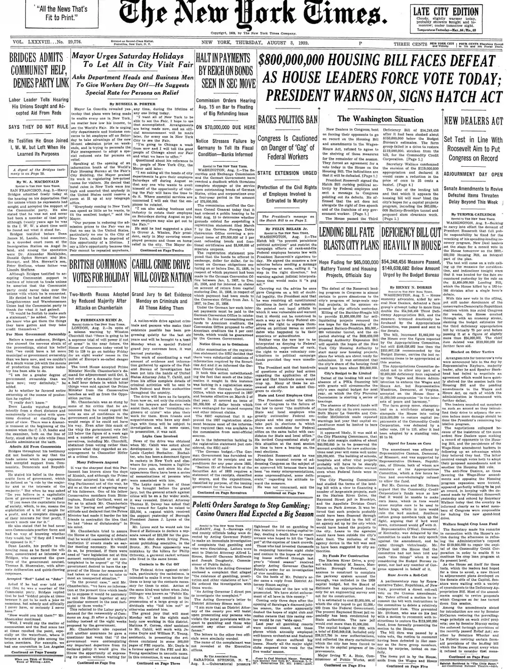 Thursday, August 3, 1939 – The New York Times Front Page