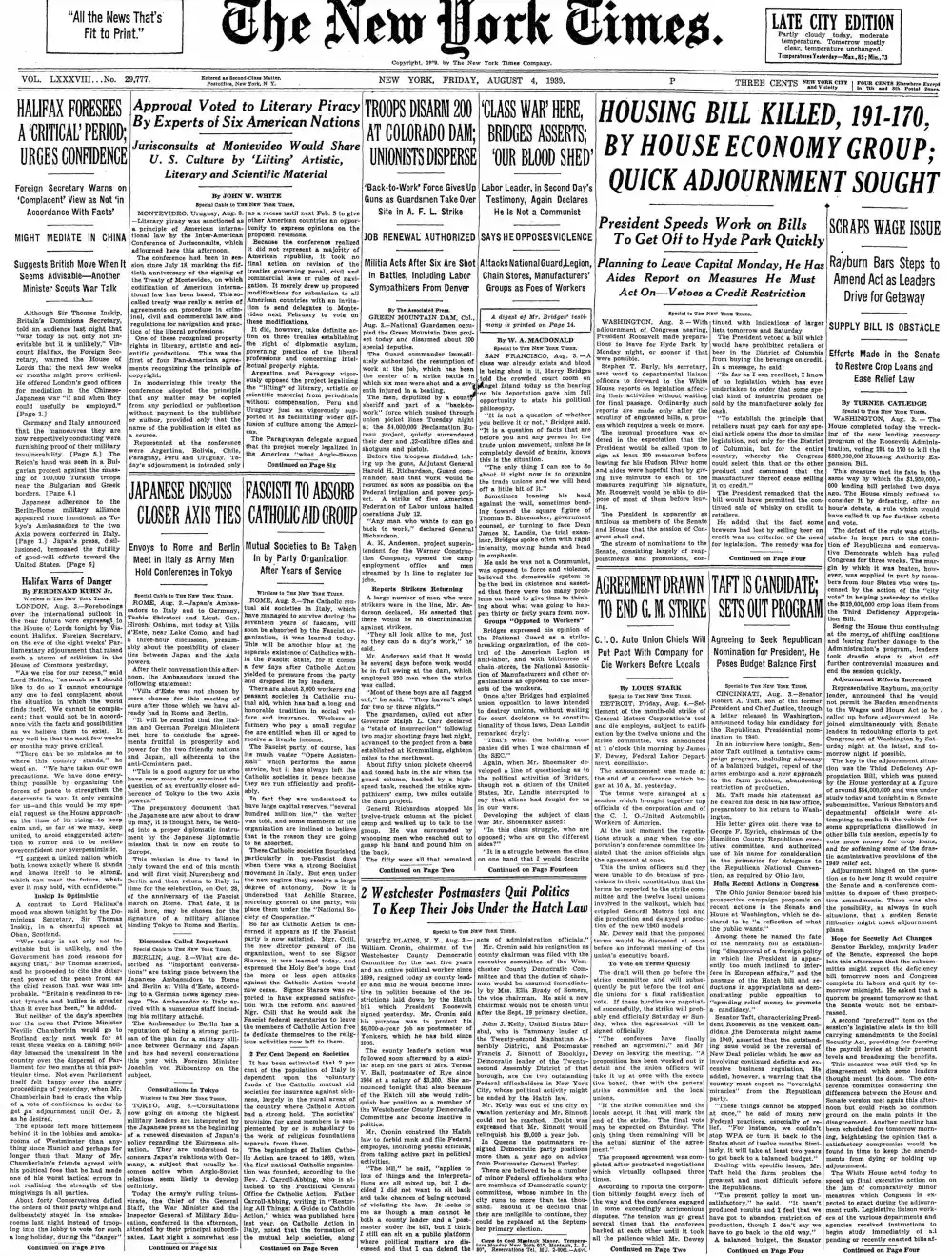 Friday, August 4, 1939 – The New York Times Front Page
