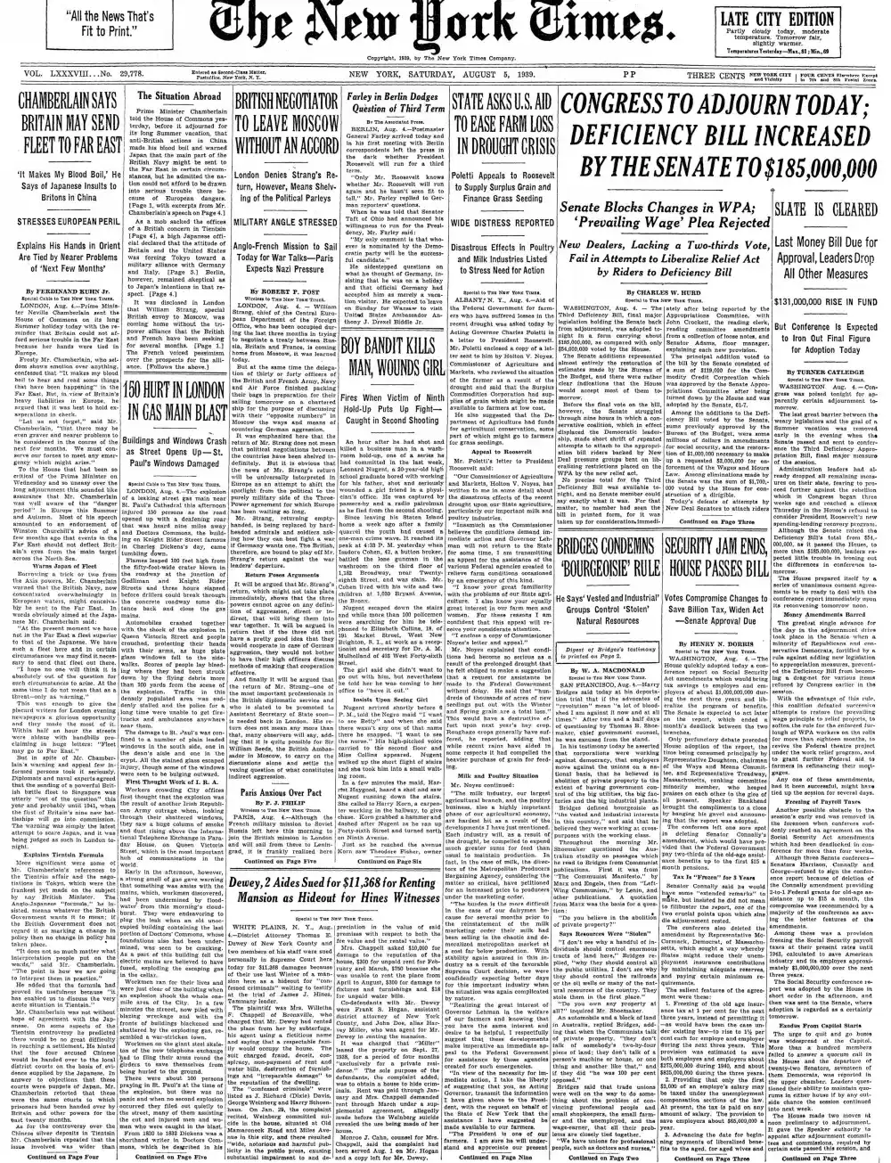 Saturday, August 5, 1939 – The New York Times Front Page