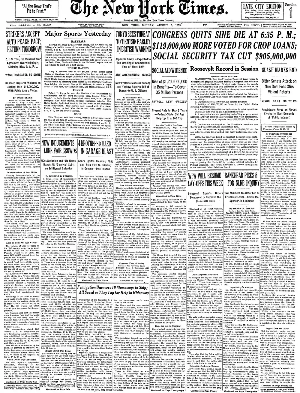 Sunday, August 6, 1939 – The New York Times Front Page