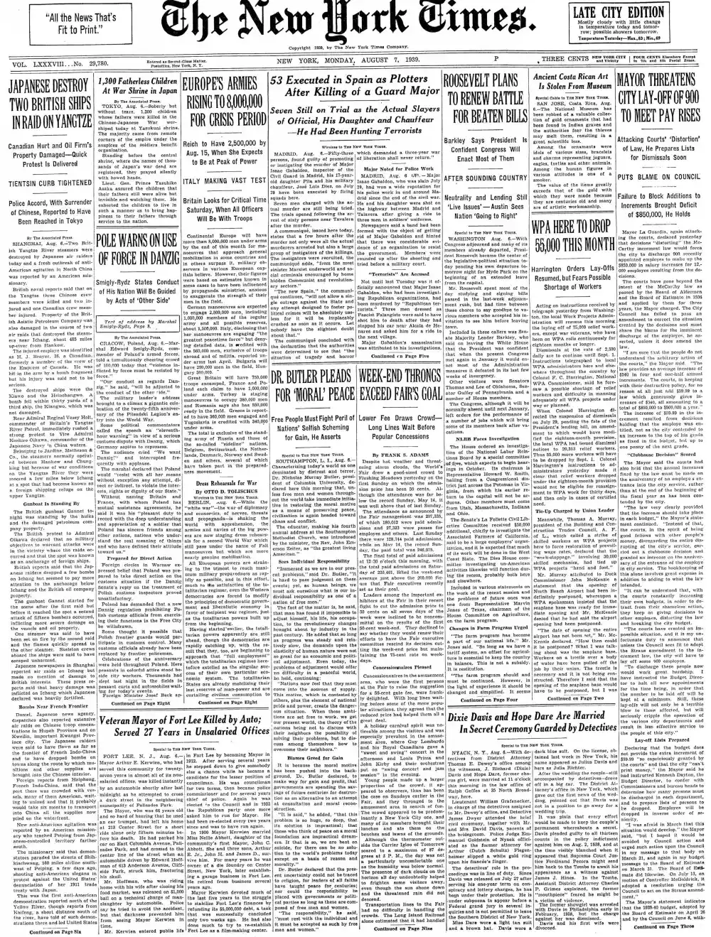 Monday, August 7, 1939 – The New York Times Front Page