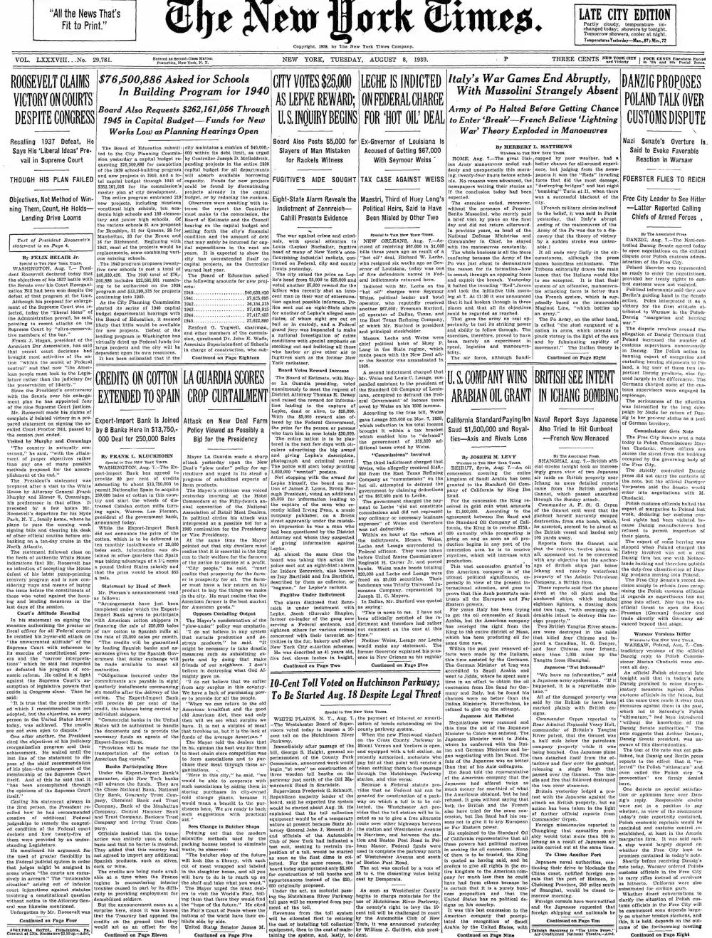 Tuesday, August 8, 1939 – The New York Times Front Page