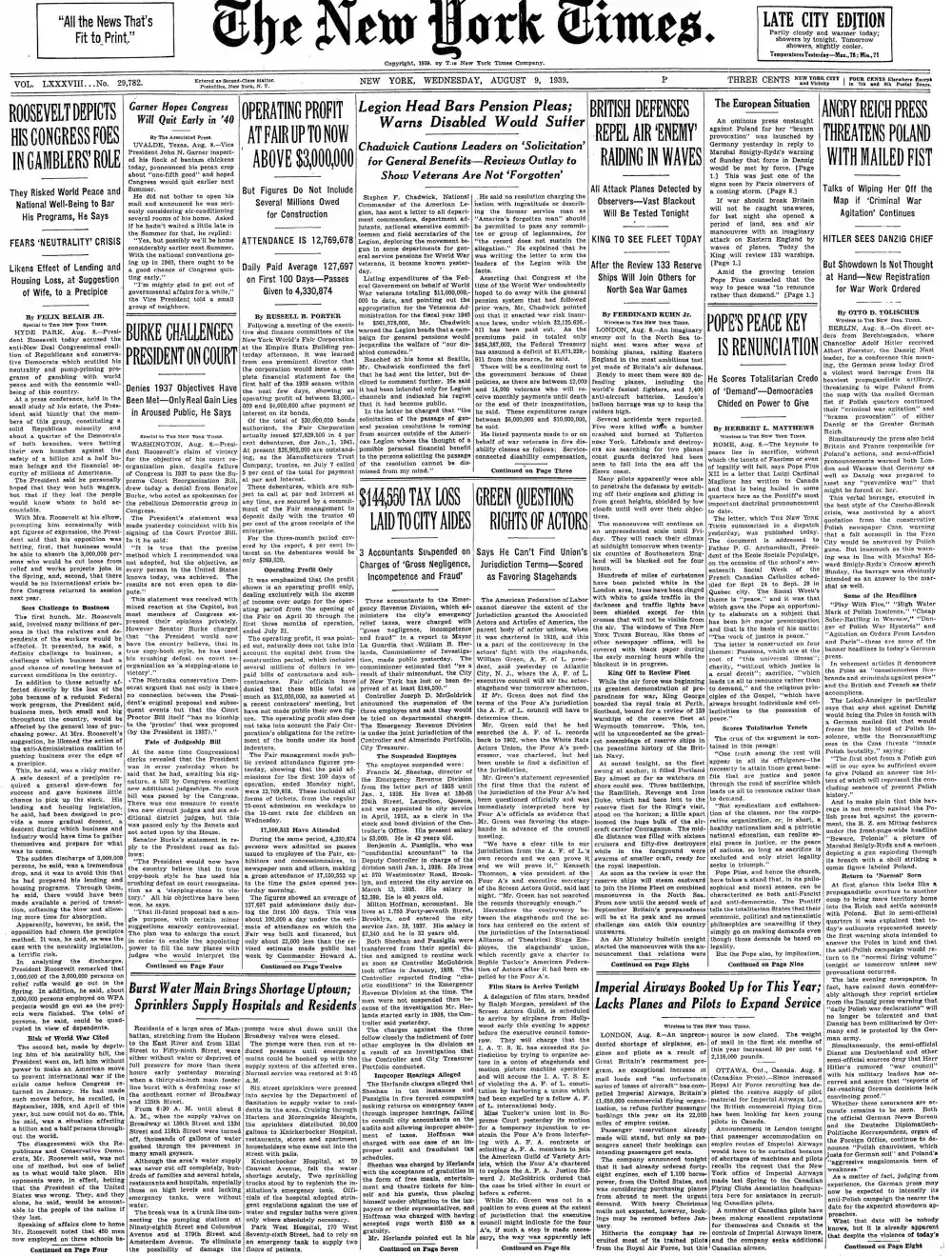 Wednesday, August 9, 1939 – The New York Times Front Page