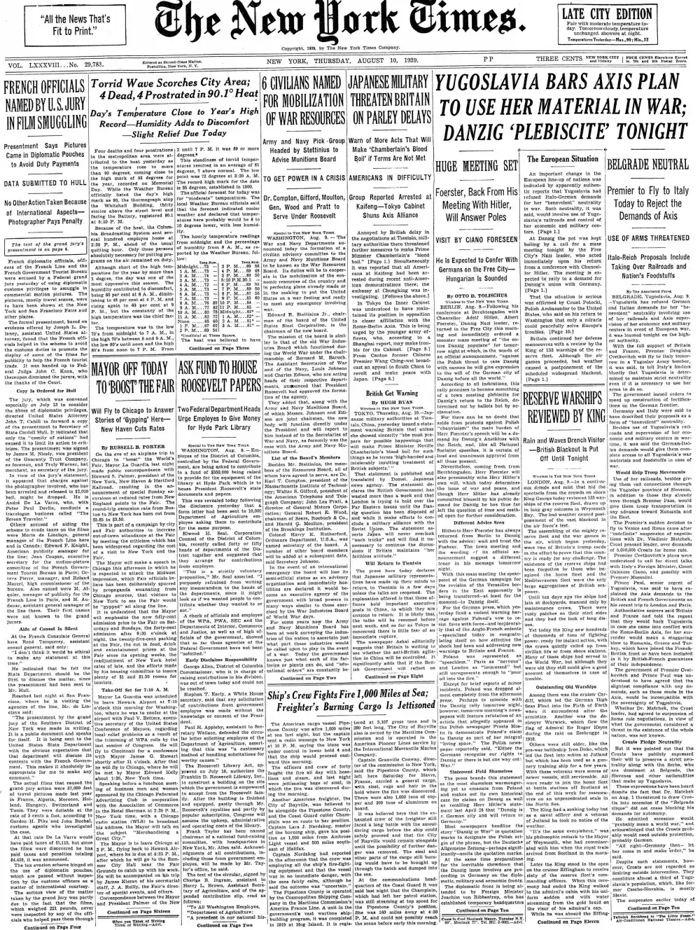 Thursday, August 10, 1939 – The New York Times Front Page