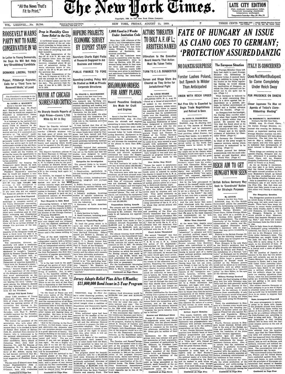 Friday, August 11, 1939 – The New York Times Front Page