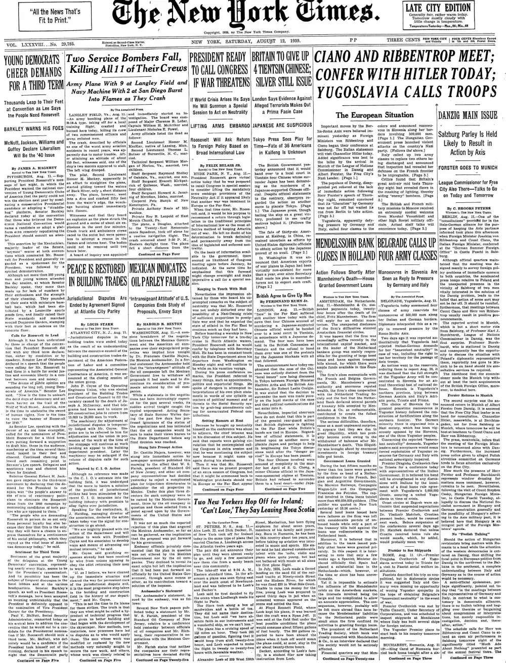 Saturday, August 12, 1939 – The New York Times Front Page