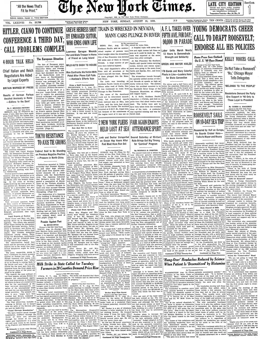Sunday, August 13, 1939 – The New York Times Front Page