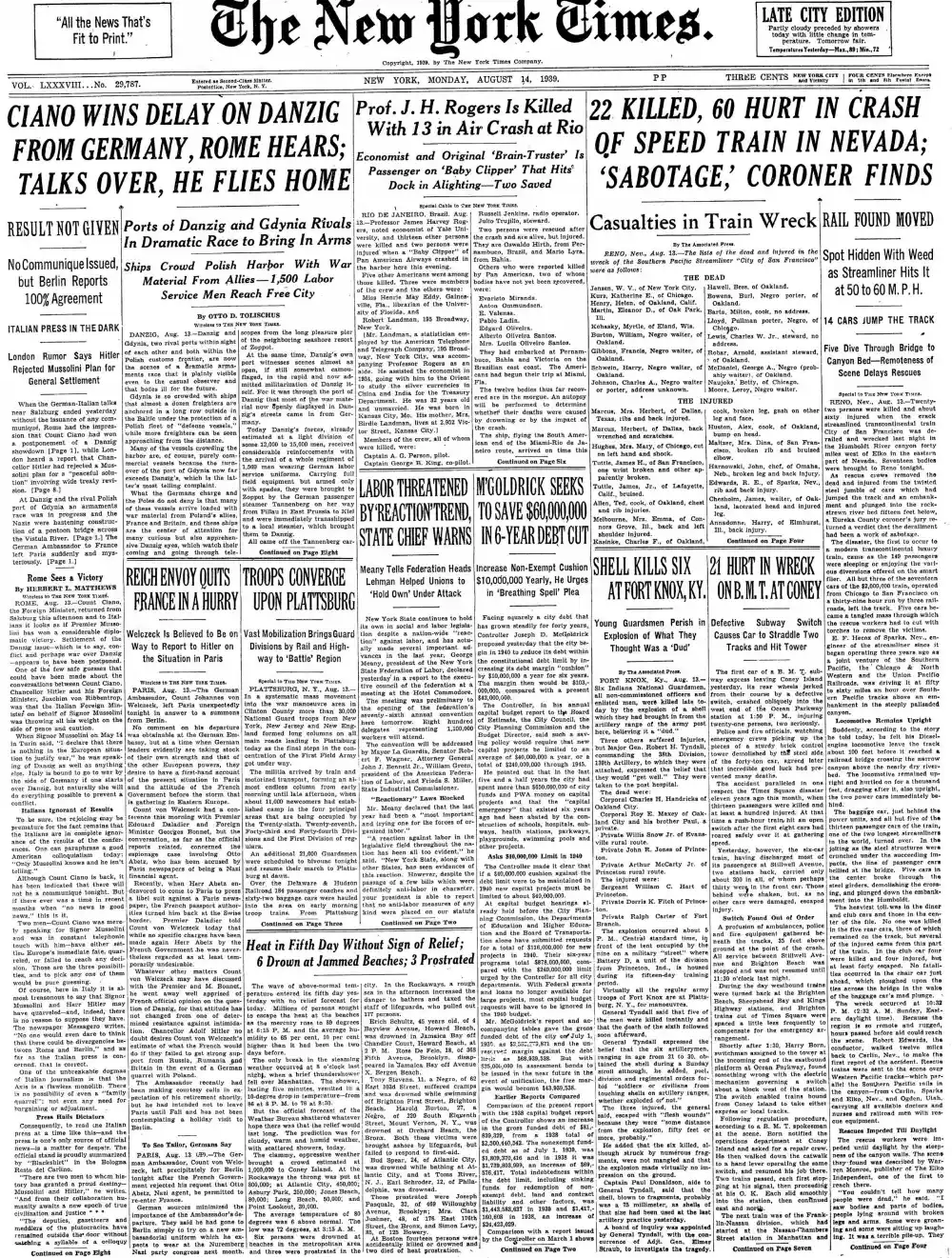 Monday, August 14, 1939 – The New York Times Front Page