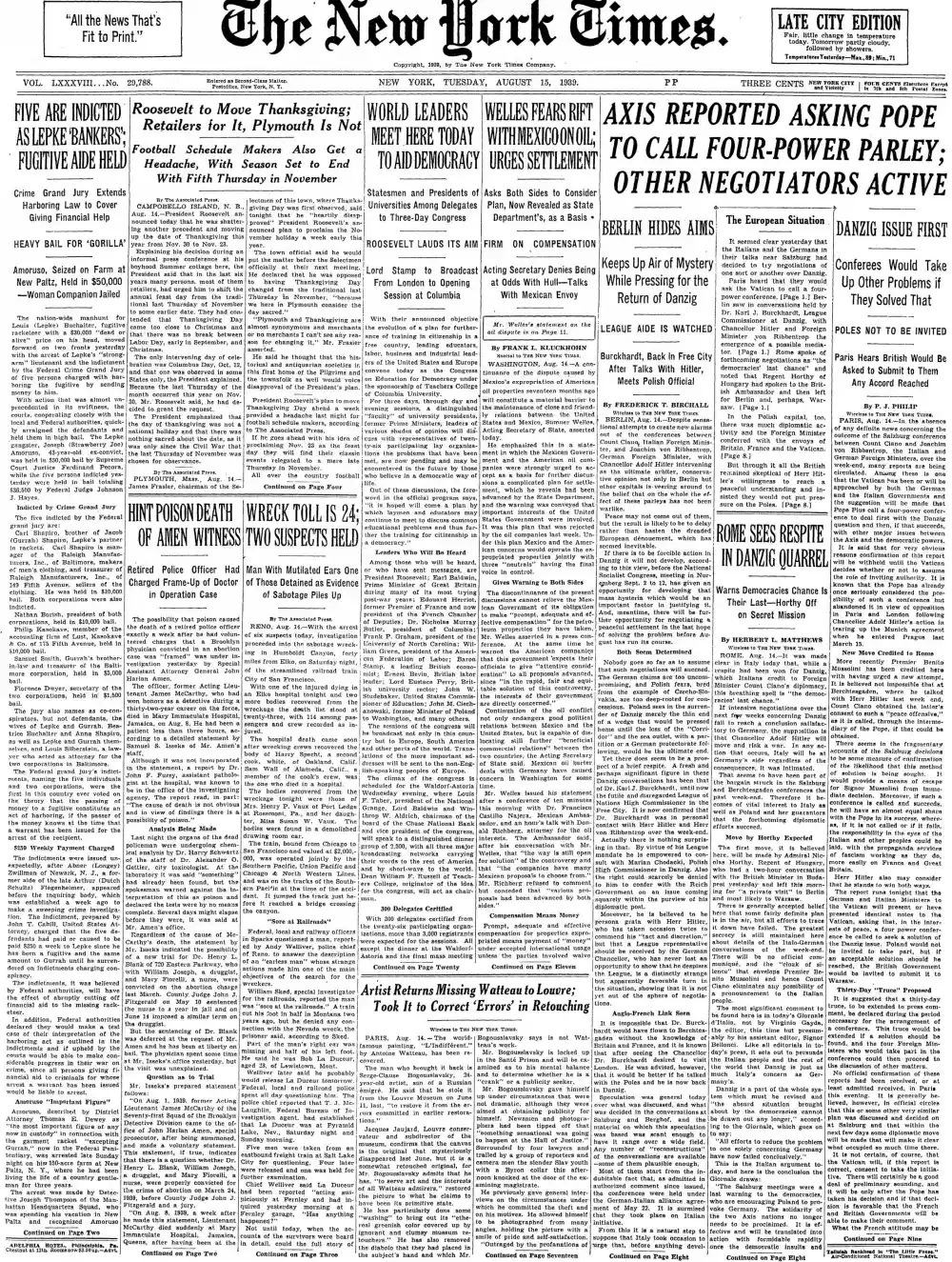 Tuesday, August 15, 1939 – The New York Times Front Page