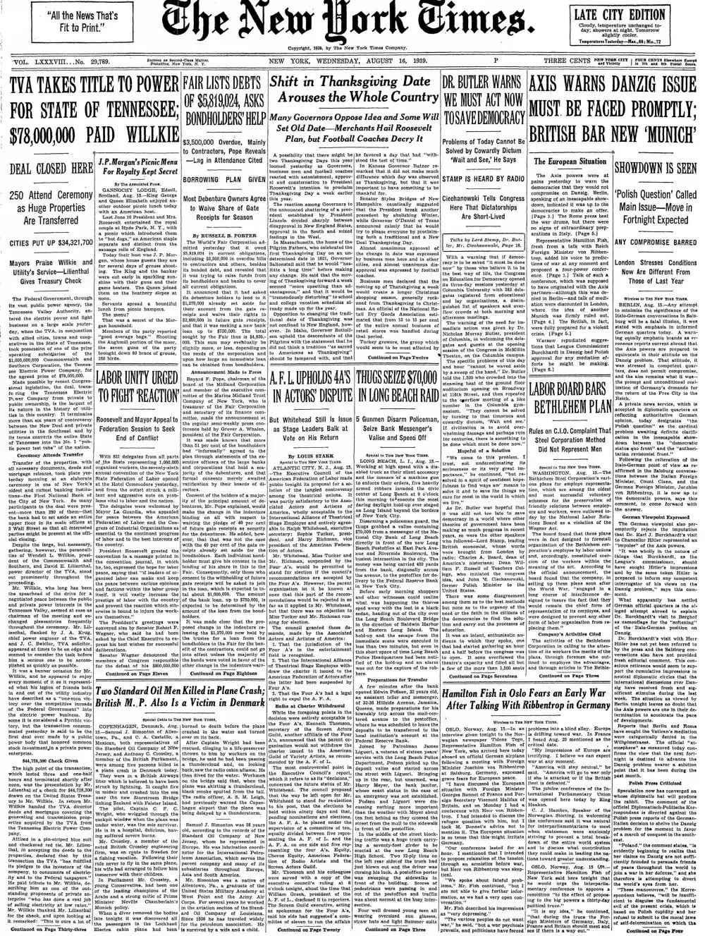 Wednesday, August 16, 1939 – The New York Times Front Page