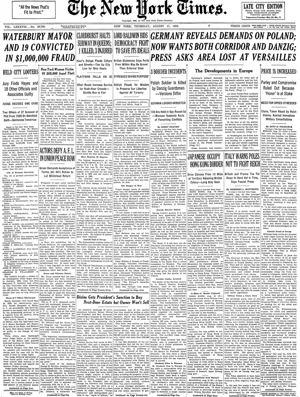 Thursday, August 17, 1939 – The New York Times Front Page