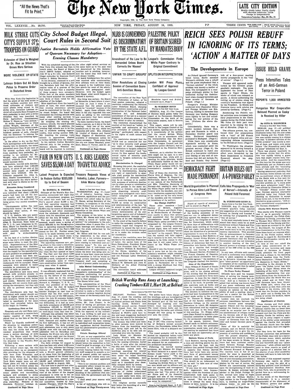 Friday, August 18, 1939 – The New York Times Front Page