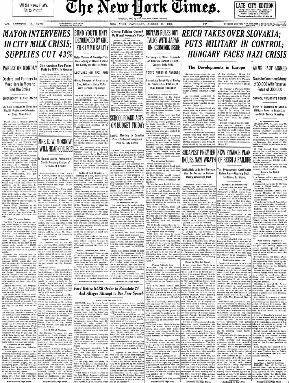 Saturday, August 19, 1939 – The New York Times Front Page