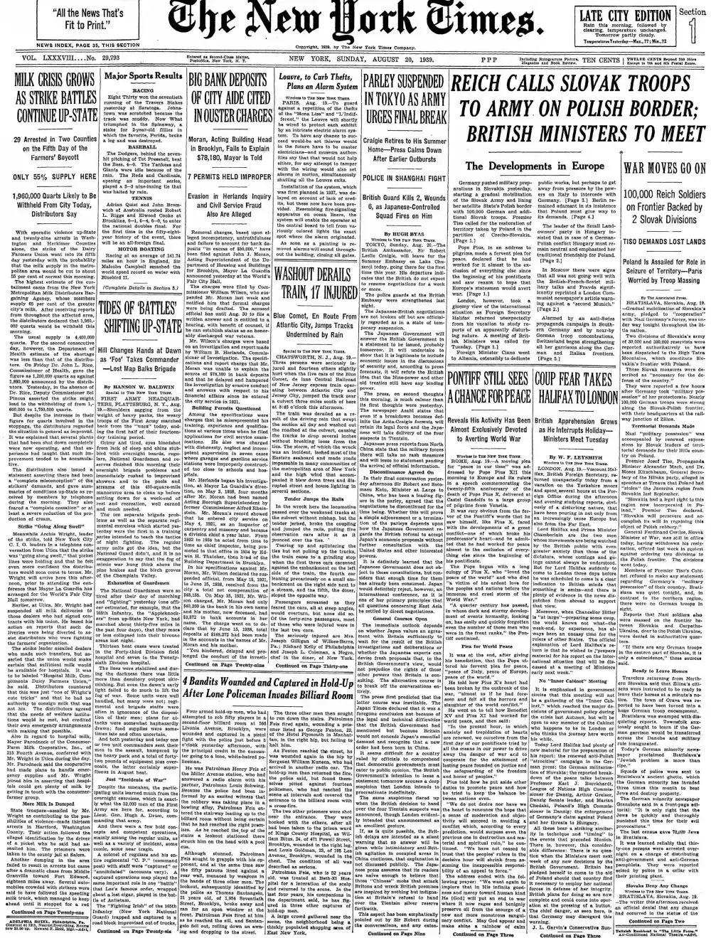 Sunday, August 20, 1939 – The New York Times Front Page