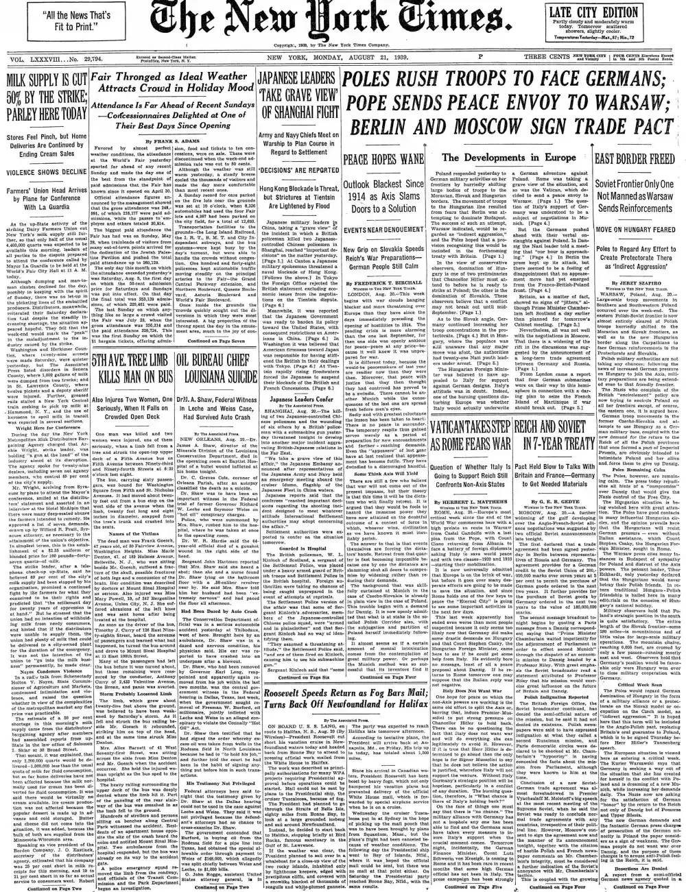 Monday, August 21, 1939 – The New York Times Front Page