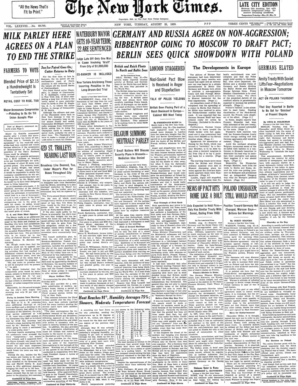 Tuesday, August 22, 1939 – The New York Times Front Page