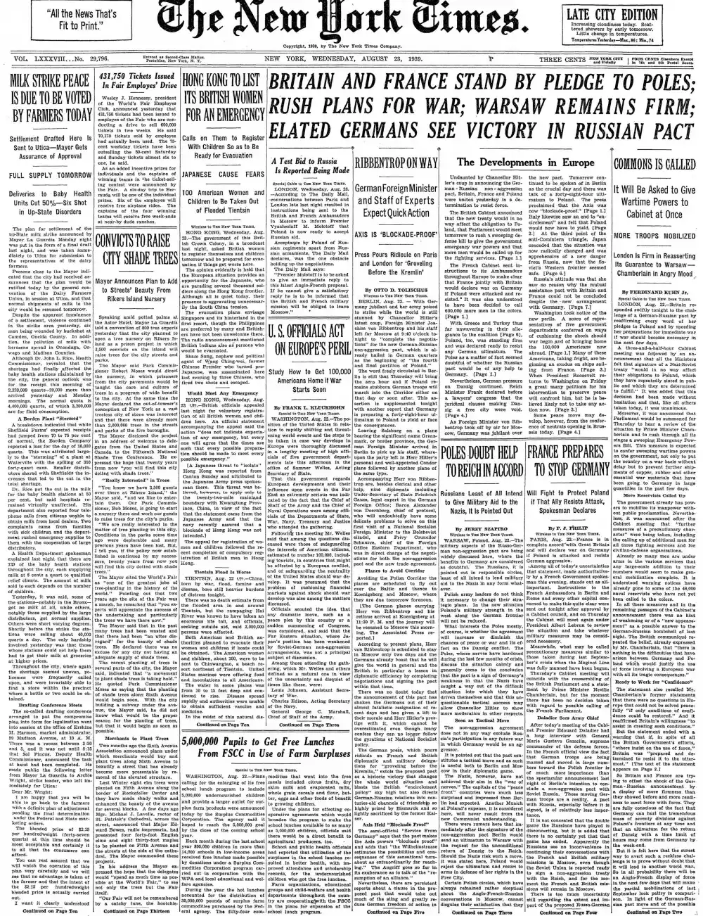 Wednesday, August 23, 1939 – The New York Times Front Page