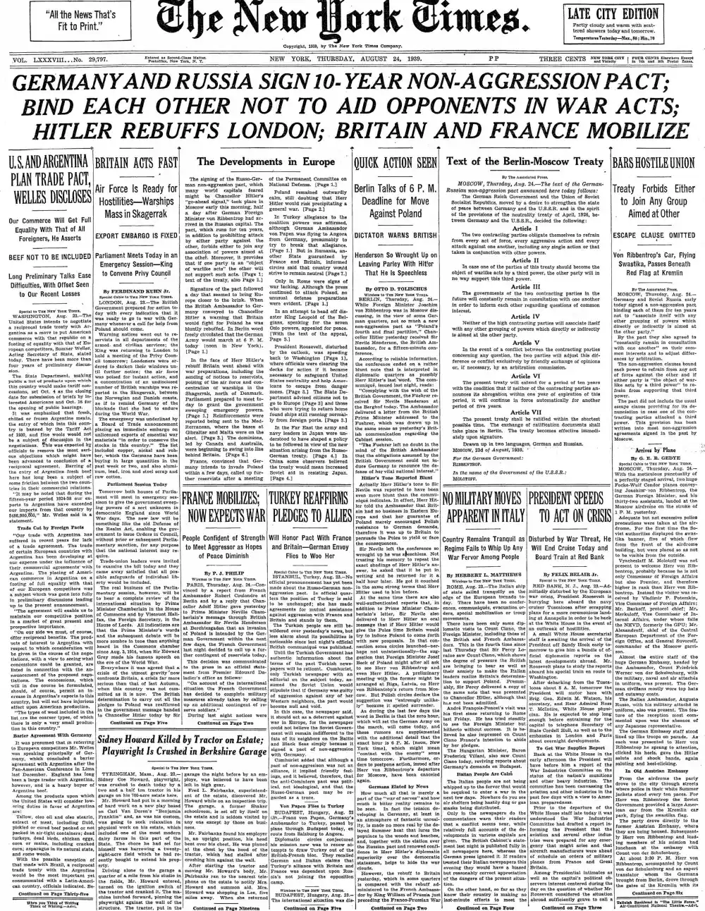 Thursday, August 24, 1939 – The New York Times Front Page