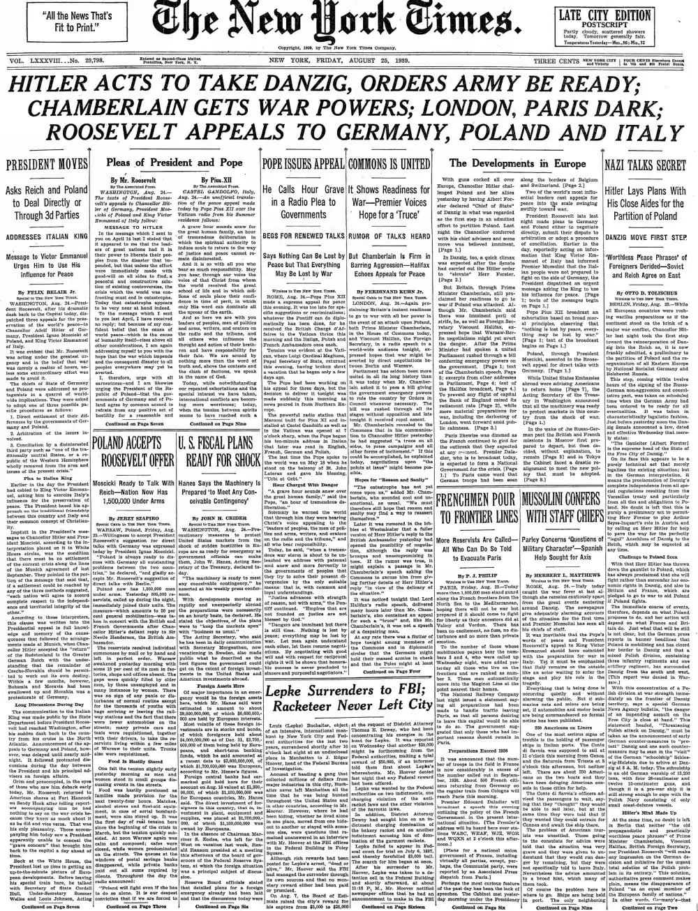 Friday, August 25, 1939 – The New York Times Front Page