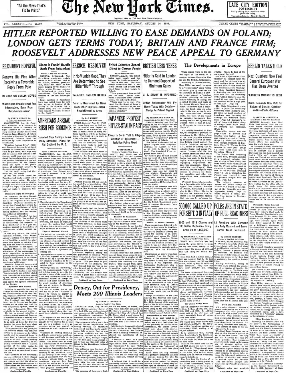 Saturday, August 26, 1939 – The New York Times Front Page