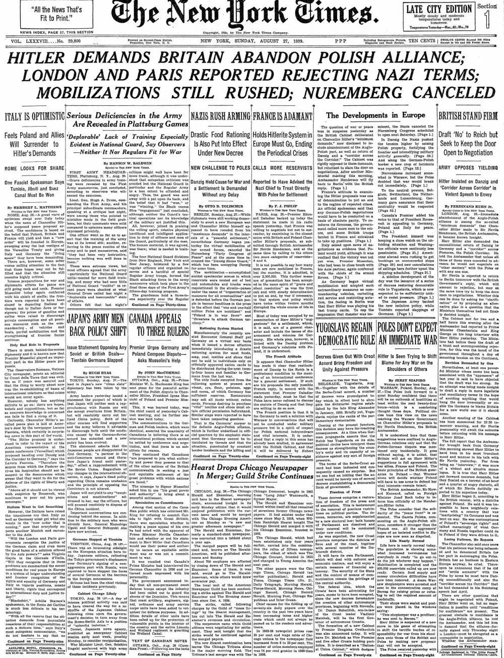 Sunday, August 27, 1939 – The New York Times Front Page