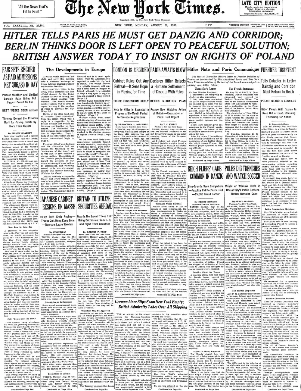 Monday, August 28, 1939 – The New York Times Front Page