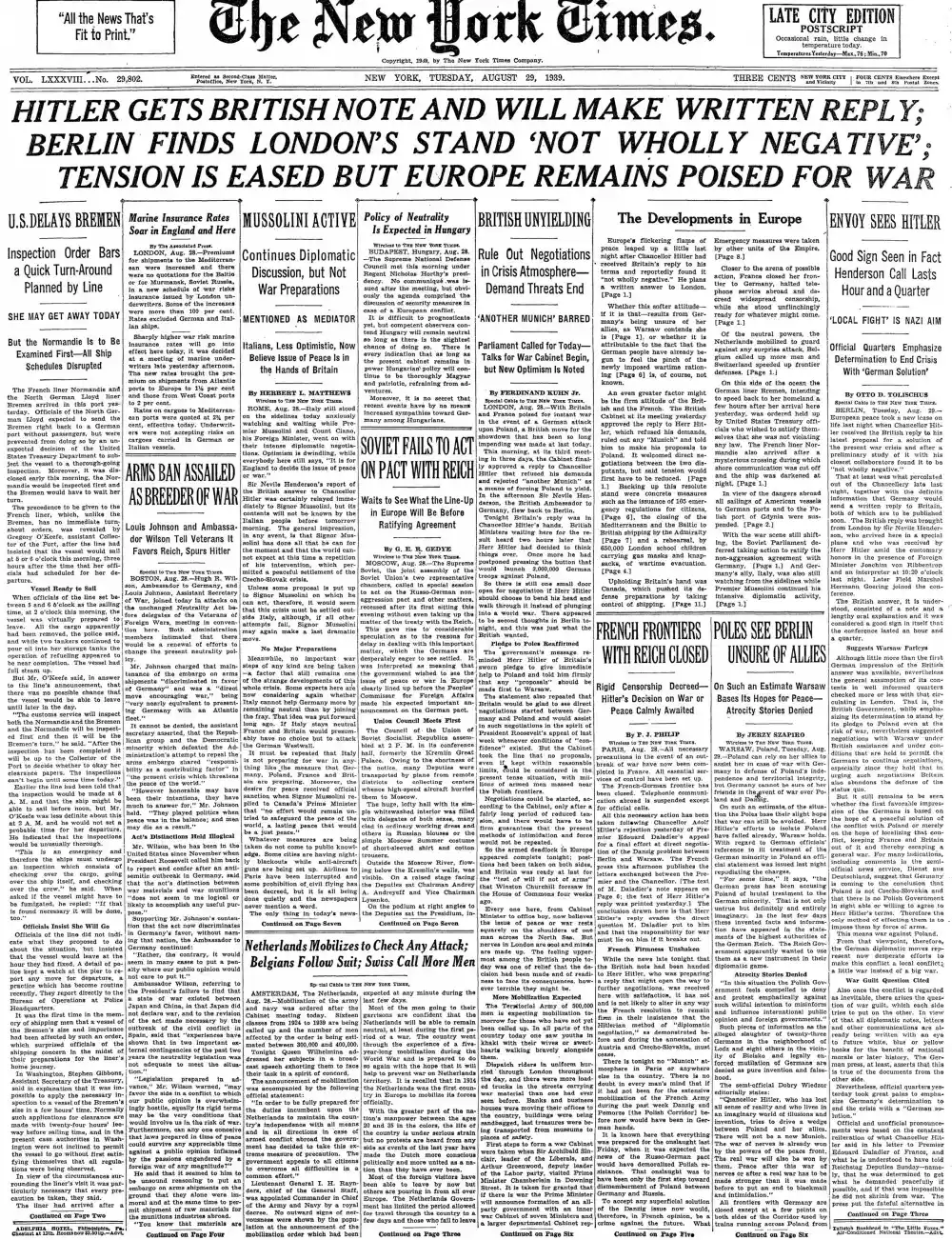 Tuesday, August 29, 1939 – The New York Times Front Page
