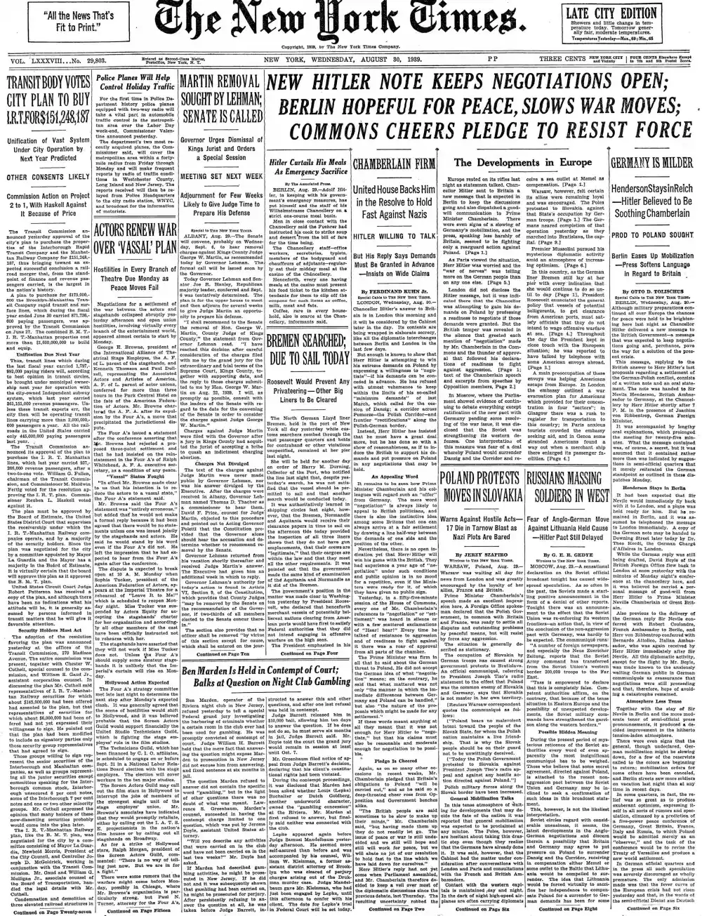 Wednesday, August 30, 1939 – The New York Times Front Page