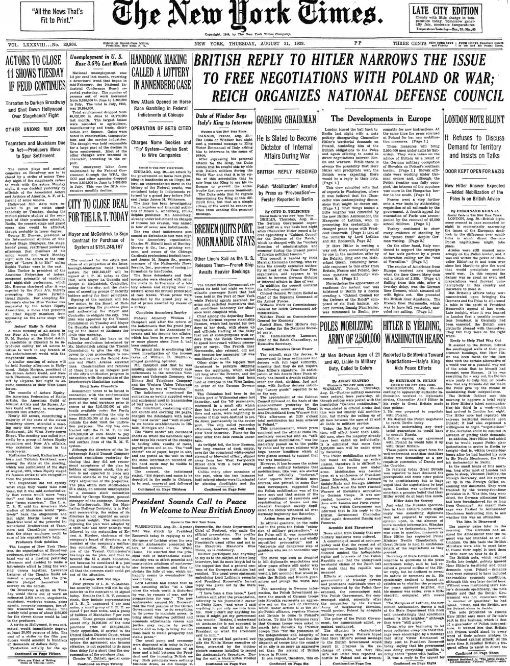 Thursday, August 31, 1939 – The New York Times Front Page