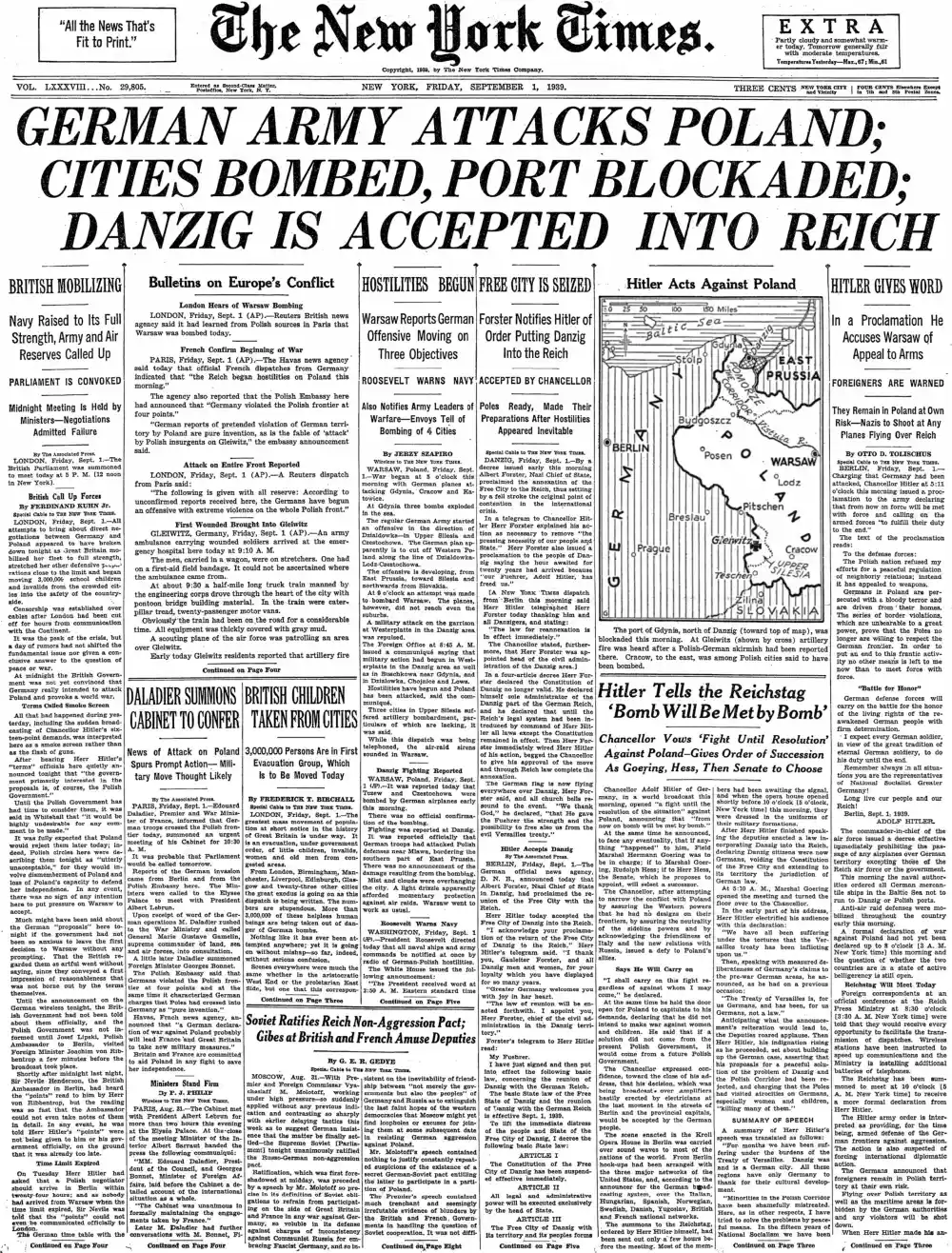 Friday, September 1, 1939 – The New York Times Front Page
