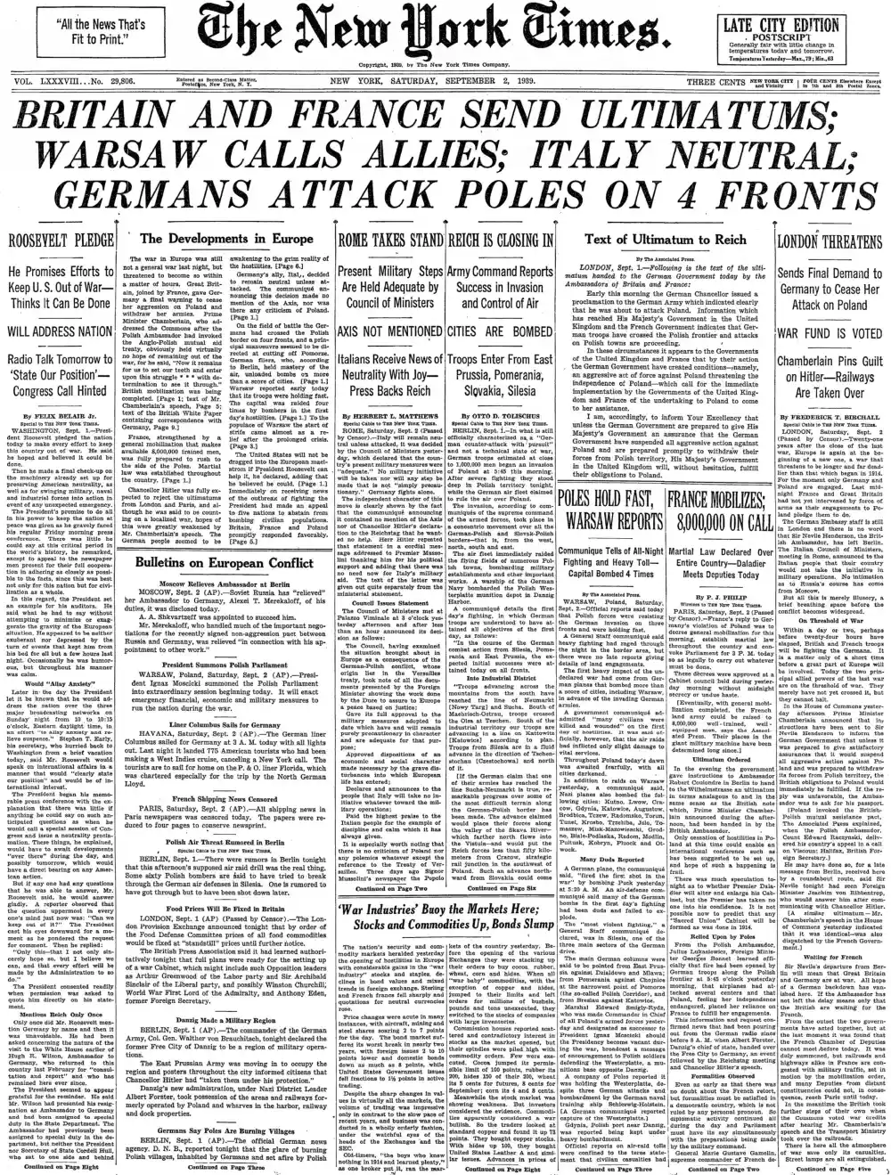 Saturday, September 2, 1939 – The New York Times Front Page