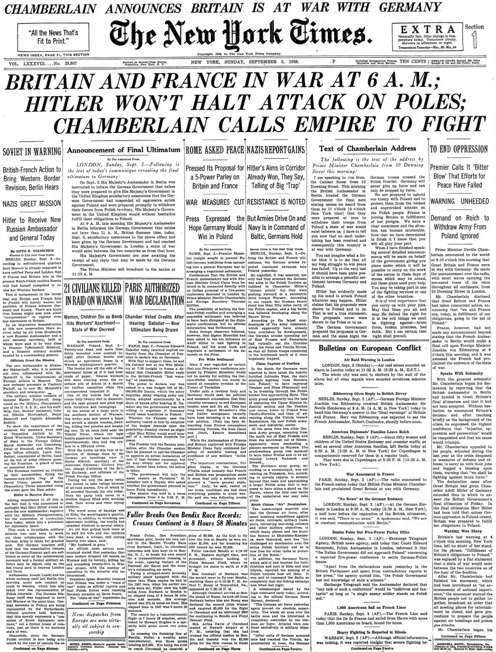 Sunday, September 3, 1939 – The New York Times Front Page