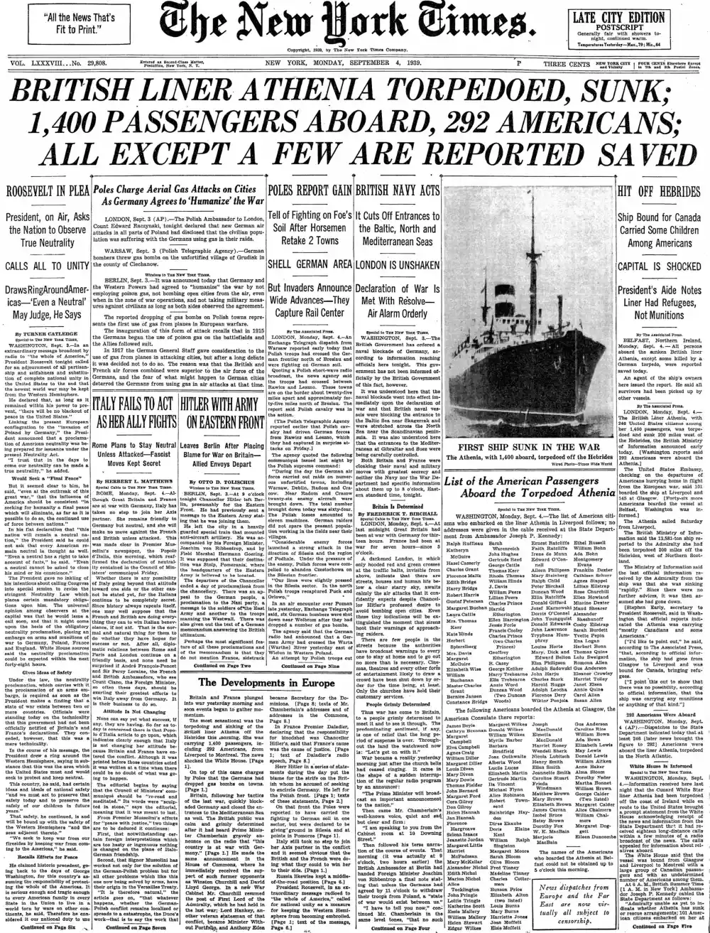 Monday, September 4, 1939 – The New York Times Front Page