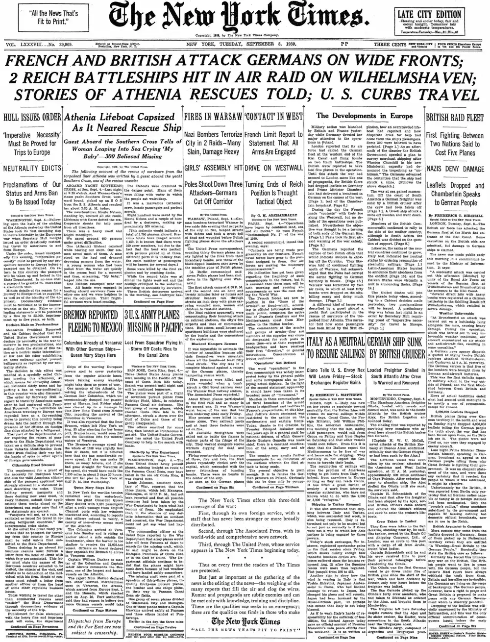 Tuesday, September 5, 1939 – The New York Times Front Page