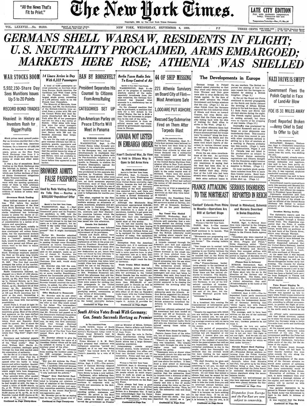 Wednesday, September 6, 1939 – The New York Times Front Page