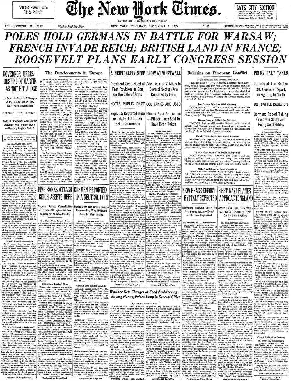 Thursday, September 7, 1939 – The New York Times Front Page